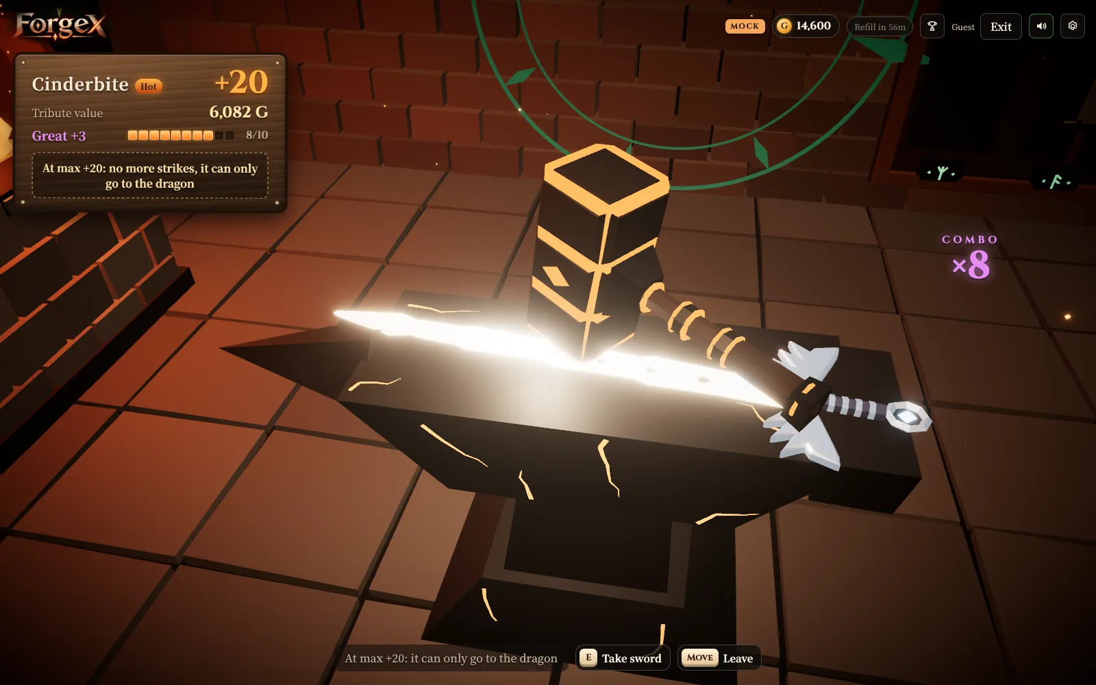 A +20 sword on the anvil worth 6,082 G with a combo of 8